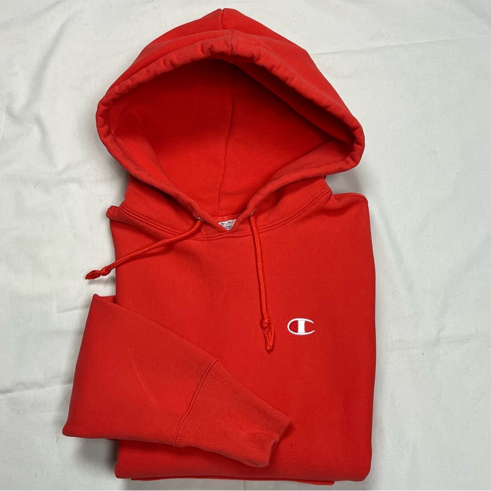 CHAMPION Reverse Weave Hoodie Retro Blank Heavy Tangerine Orange Unisex Small